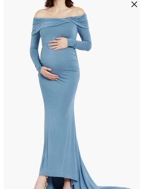 Motherhood Off-Shoulder Maternity Maxi Dress in Dusty Blue